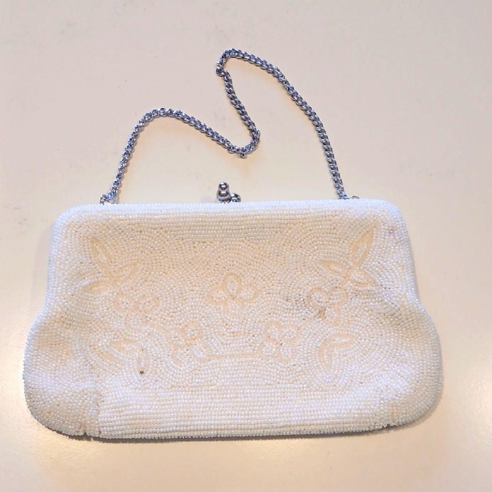 VINTAGE  White Beaded Clutch, 1970's, (Made In Japan)